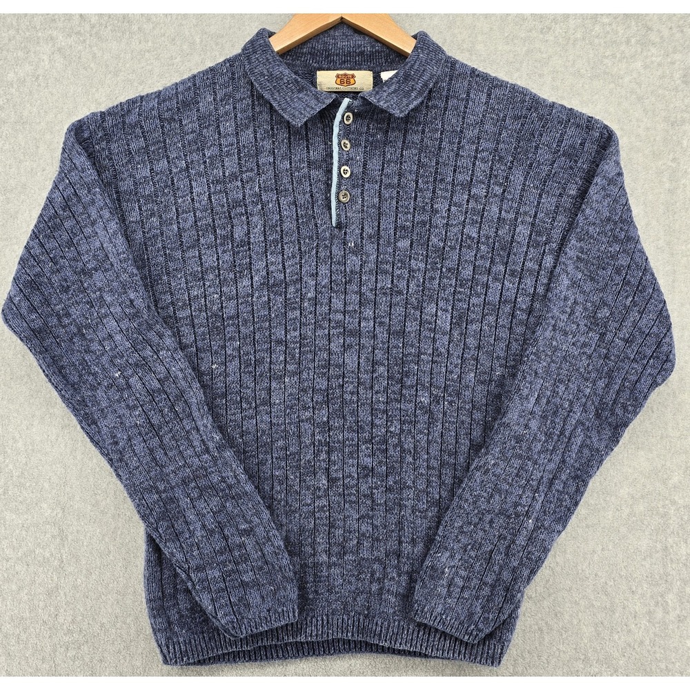 Vtg Route 66 Sweater Men M Blue Ribbed Pullover Button Fitted Collar Y2K Grandpa